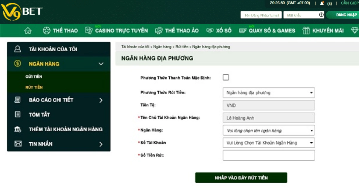 Chi tiết cách rút tiền từ tài khoản V9BET